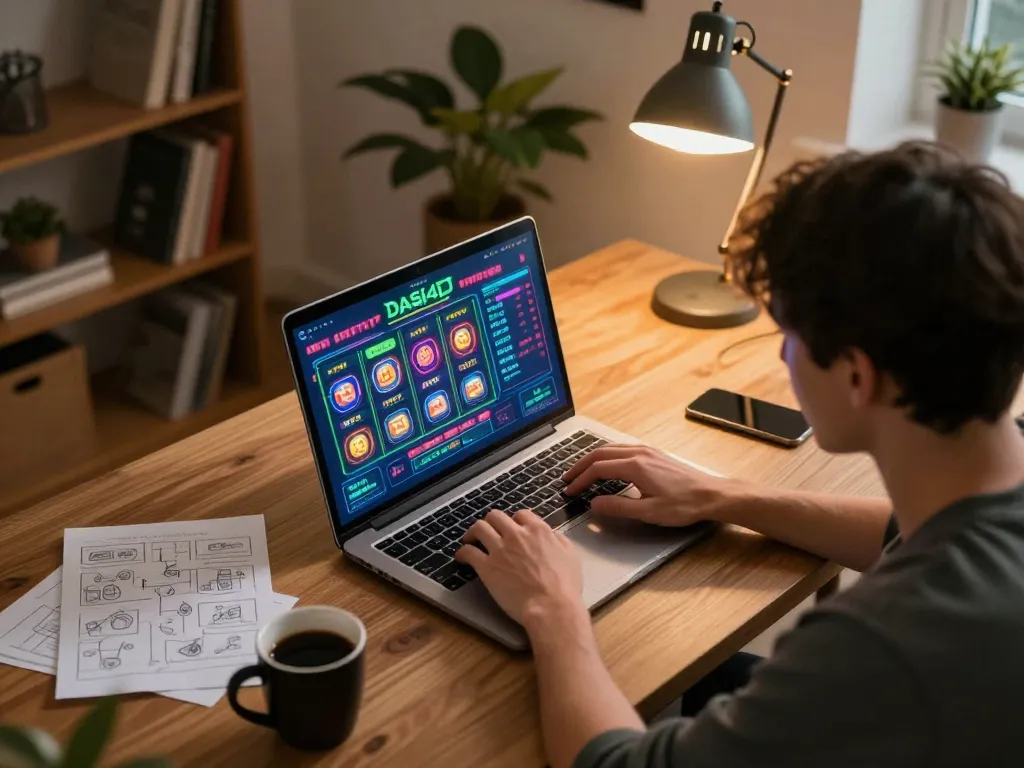 Pemain yang terlibat menjelajahi opsi slot dasi4d di laptop di rumah, dikelilingi oleh catatan strategi.