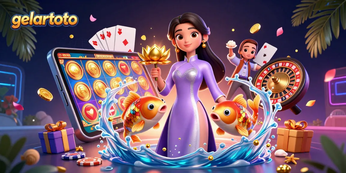 Engage in thrilling gameplay with gelartoto as a stylish woman holds a golden lotus flower amidst vibrant casino elements.