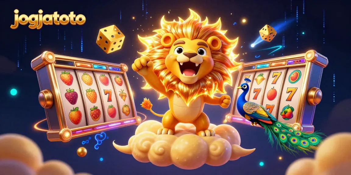 Experience the playful world of jogjatoto with a roaring lion and colorful slot elements.