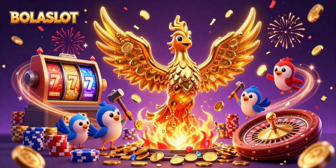 Win big at BOLASLOT with golden phoenix and exciting slot machine features in vibrant 3D illustration.
