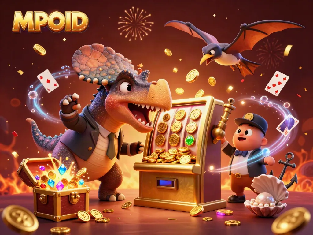 MPOID scene with a dinosaur celebrating a jackpot at a golden slot machine, coins flying.
