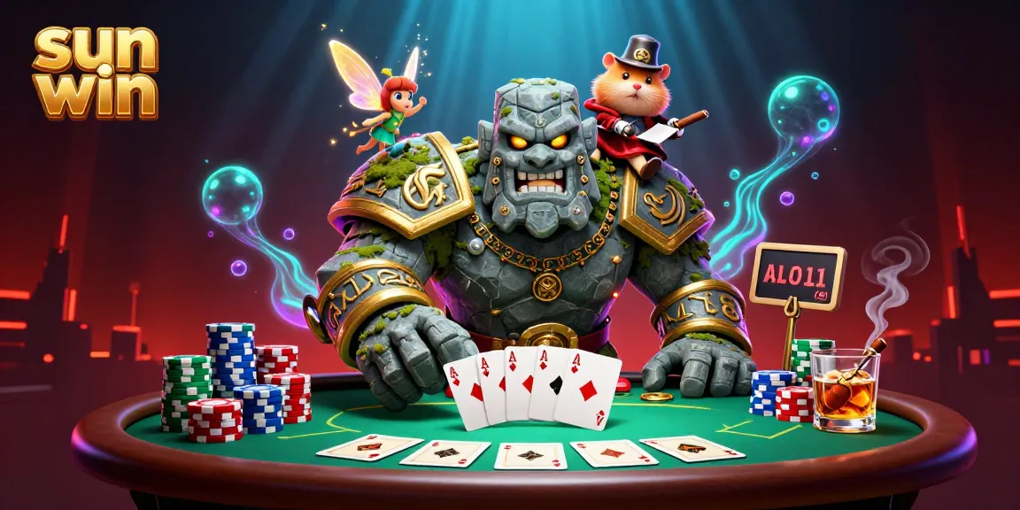 Experience thrilling poker action with sun win's dynamic characters and vibrant elements in a captivating casino setting.