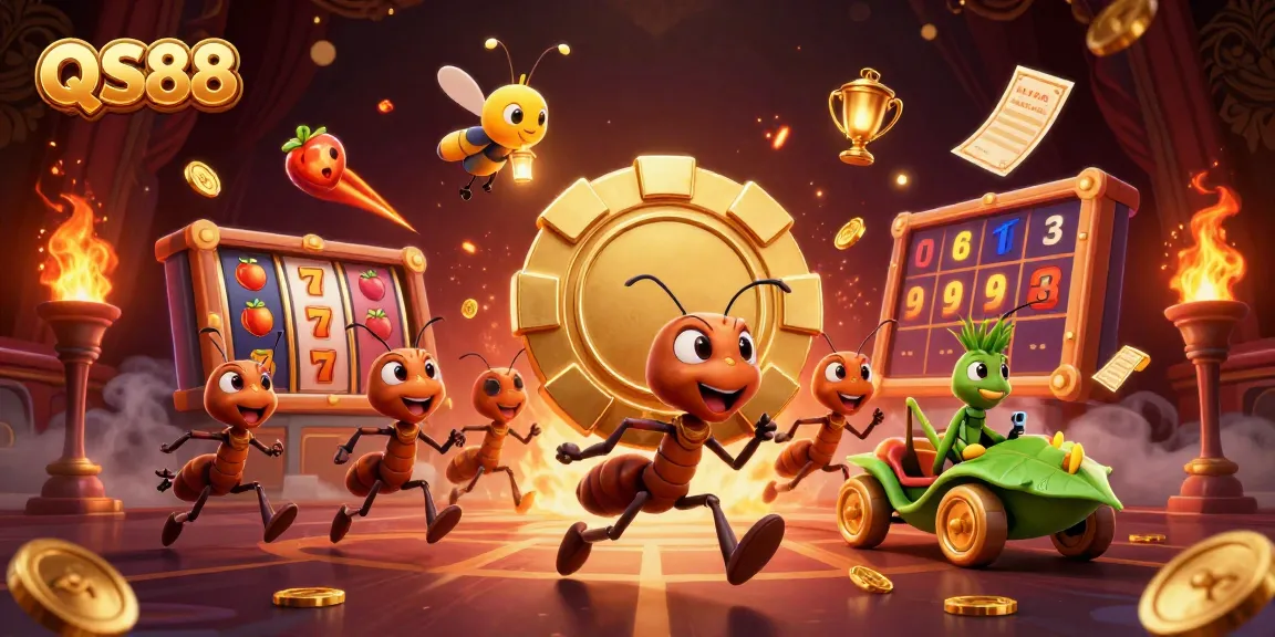 Claim your winnings with QS88 as ants race with a giant poker chip in this vibrant casino scene.