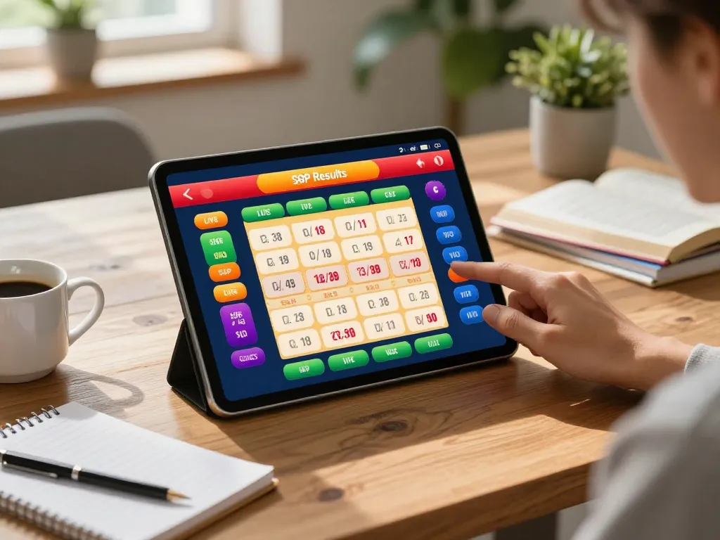 Engaging user checking live data sgp results on tablet amidst warm home environment.