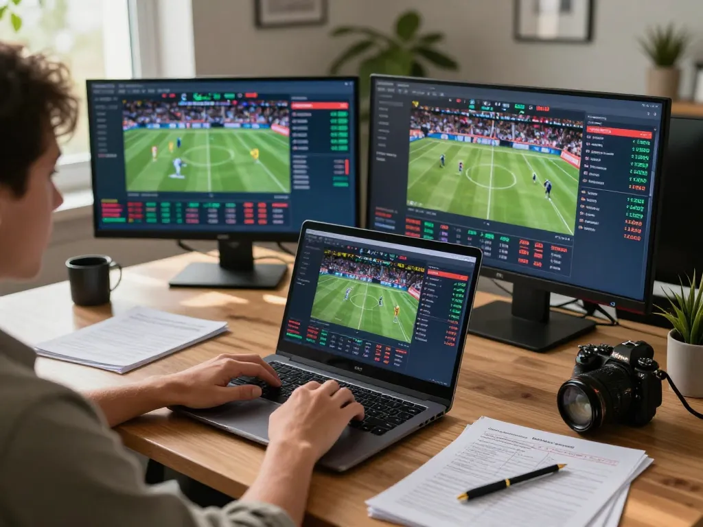 Engage in sports betting with sis4d as a person places bets online in a well-lit home office.