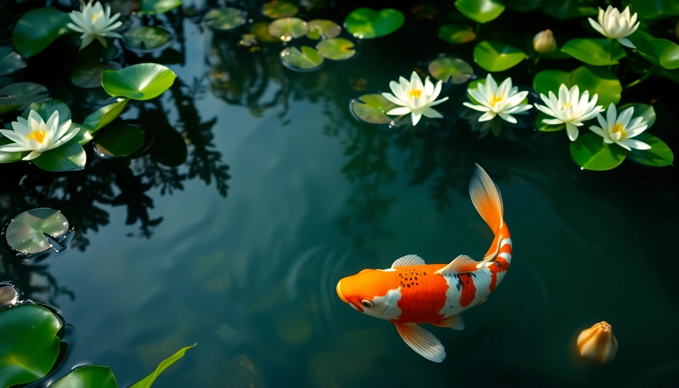 Koi toto swimmimg gracefully in a tranquil pond surrounded by blooming lilies.