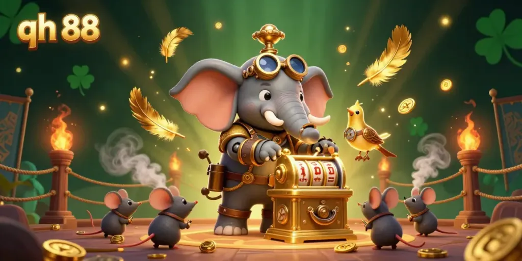 Experience the excitement of qh 88 with a steampunk elephant operating a golden slot machine amidst vibrant casino elements.