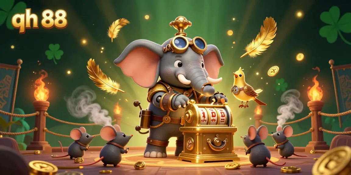 Experience the excitement of qh 88 with a steampunk elephant operating a golden slot machine amidst vibrant casino elements.