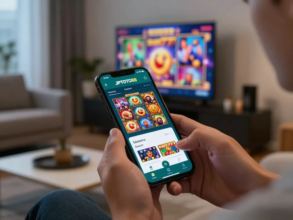 Pengalaman bermain game mobile yang menarik dengan link slot gacor ditampilkan di smartphone di ruang tamu yang nyaman.