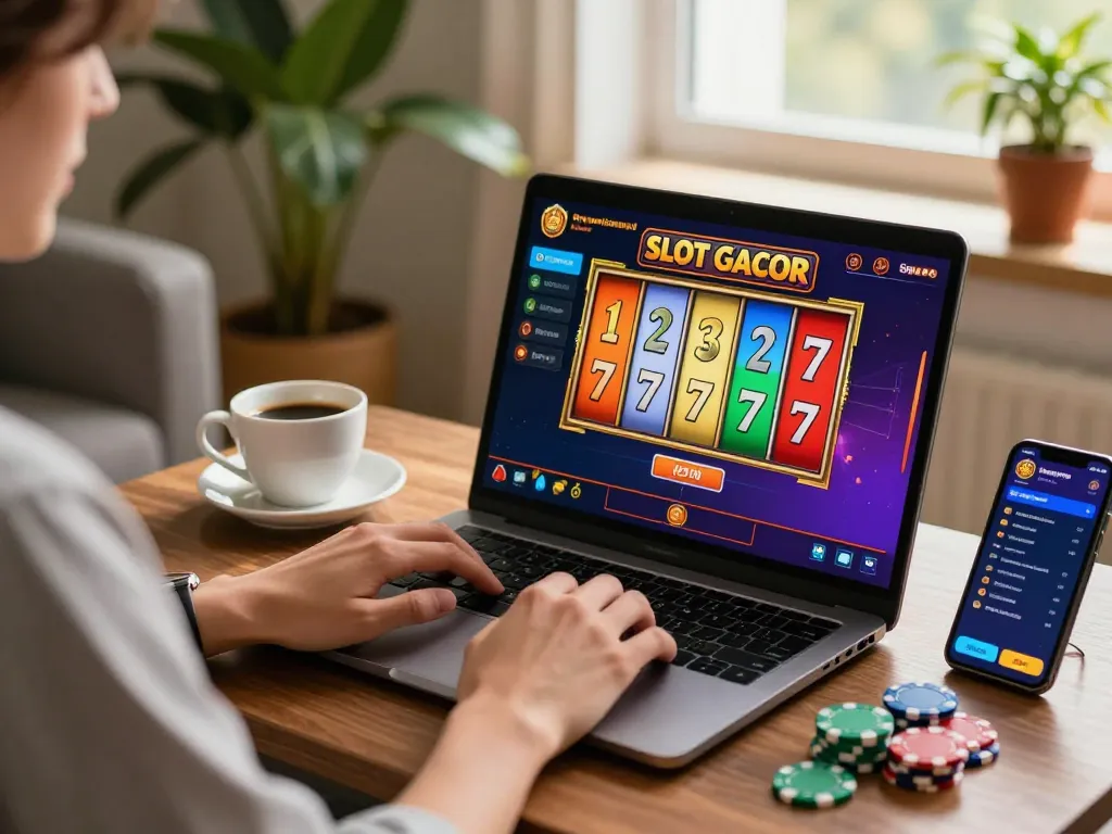 Engaging in online gaming with SLOT GACOR 777 on laptop, showcasing colorful reels and cozy atmosphere