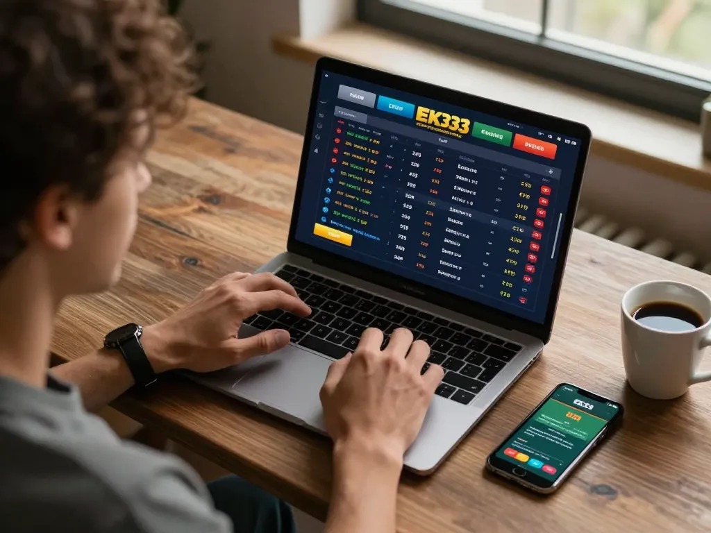 Engaged user placing bets through EK333 online sports betting app on a laptop.