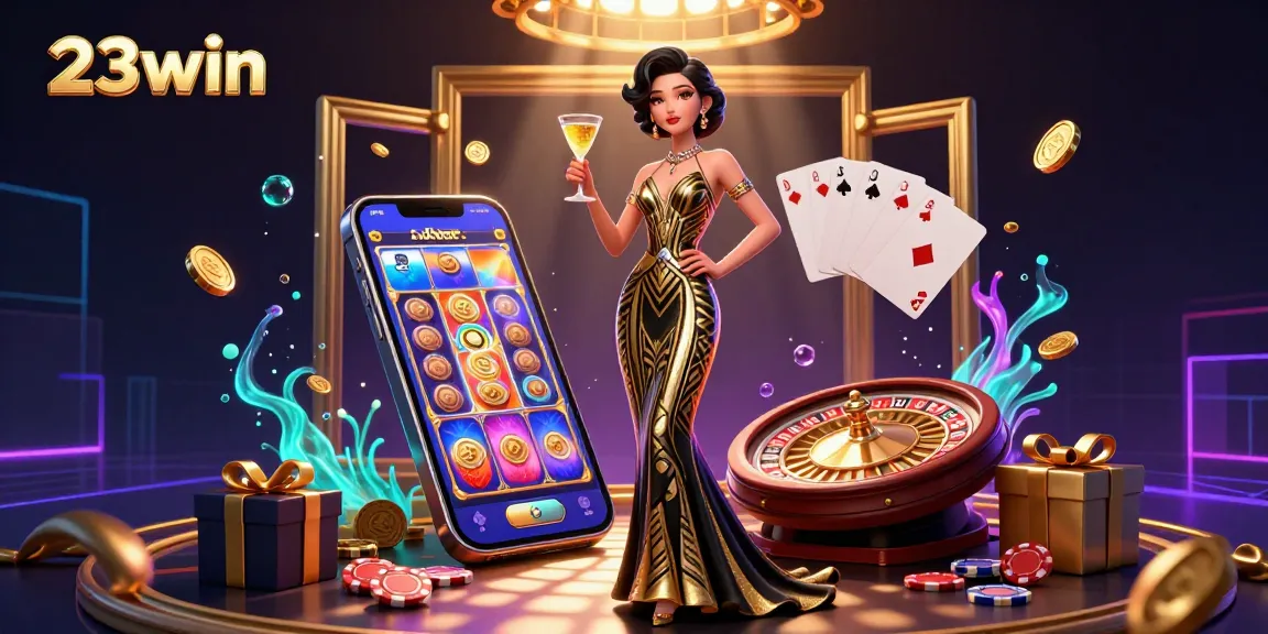 Engage in thrilling gaming action with 23win featuring an elegant woman amidst vibrant casino elements.