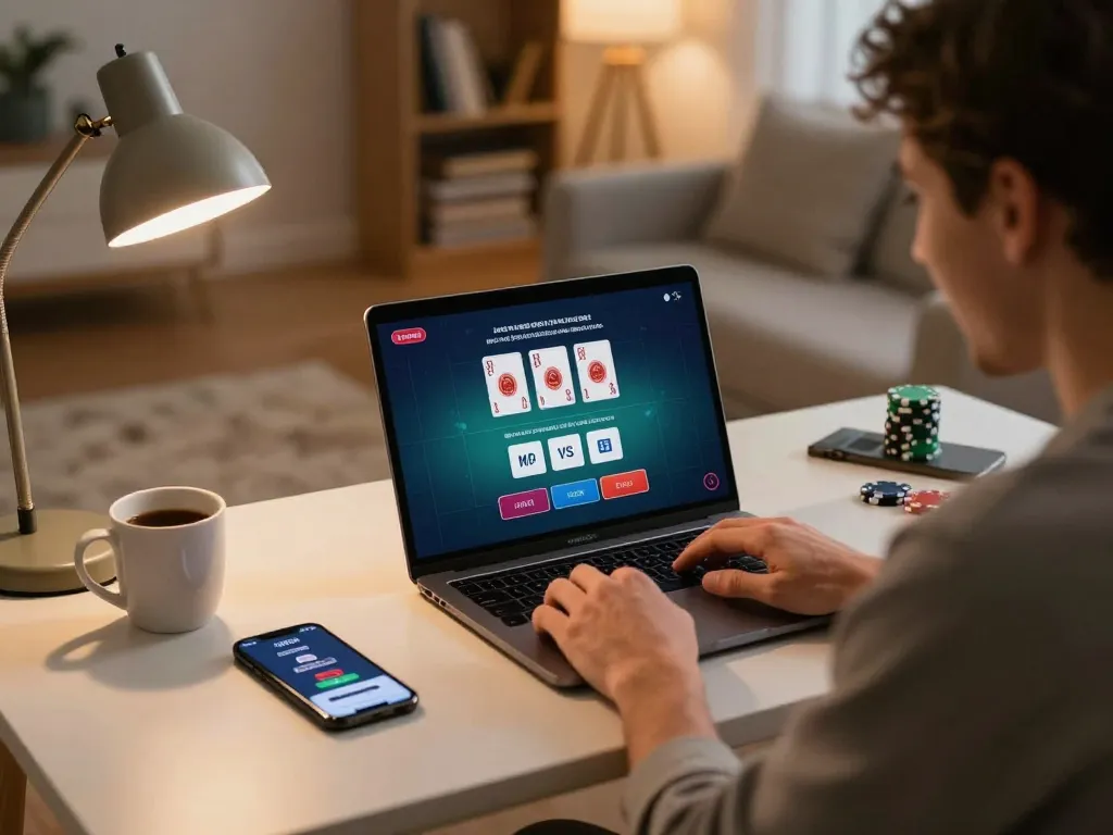 Engaging in mpoid login while playing live dealer blackjack at a cozy home desk setting.