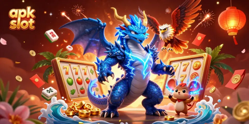 Permainan slot apk slot dengan simbol beruntung yang bersinar di latar belakang dramatis.