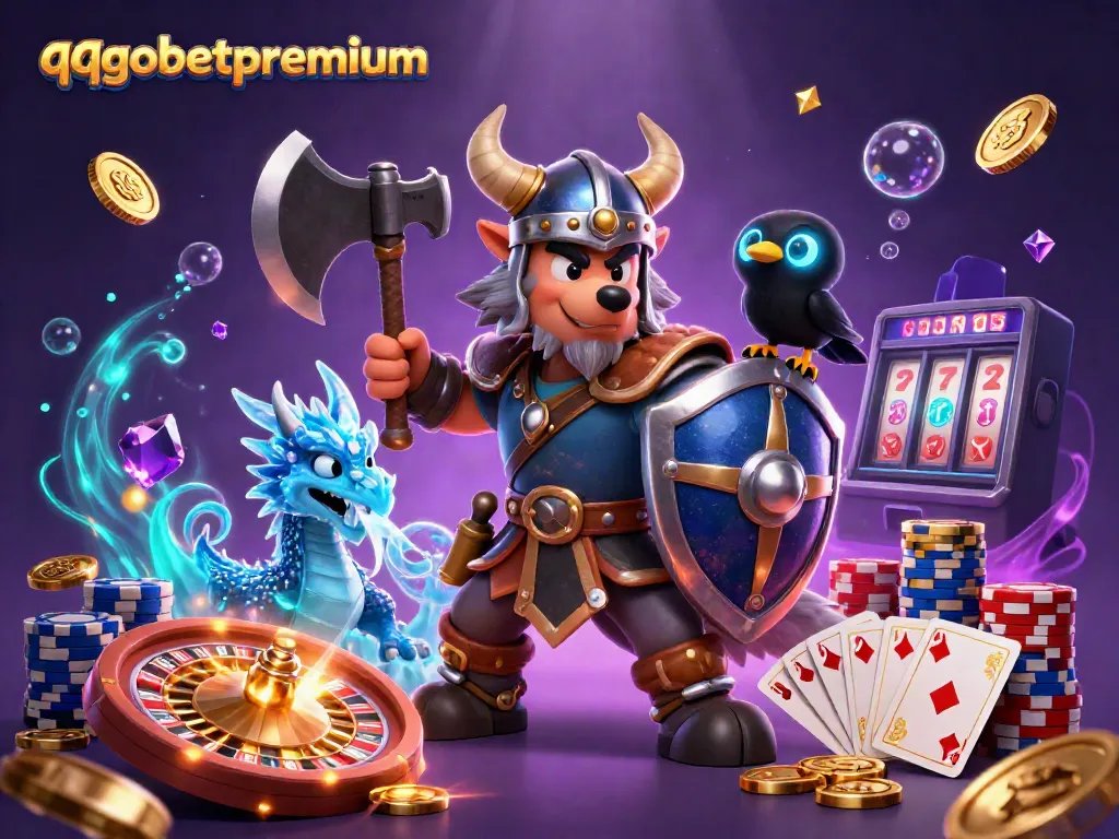 Engage in thrilling moments with qqgobetpremium's Viking warrior, fierce dragon, and casino magic!