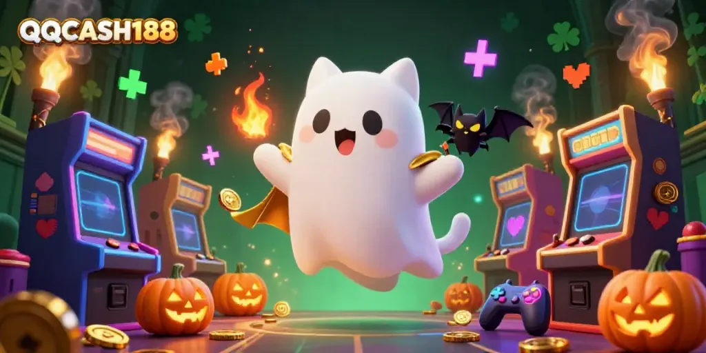 Engage with the thrilling QQCASH188 experience as a friendly ghost cat haunts a vibrant casino scene filled with glowing games.