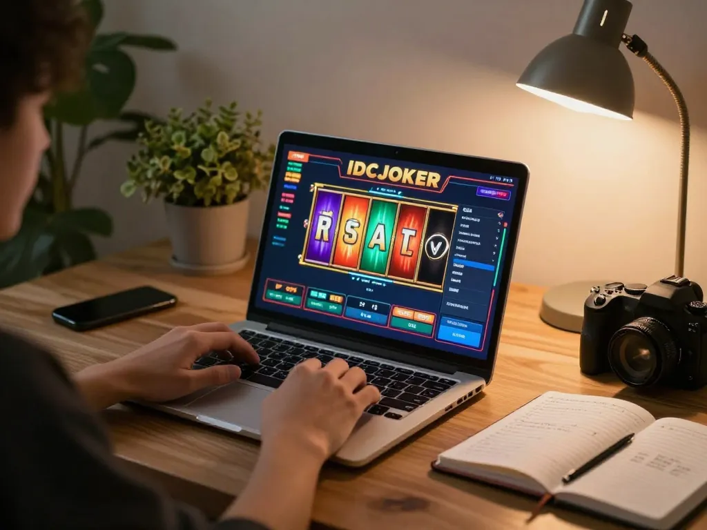 IDCJOKER online gaming session at home with laptop showing vibrant slot reels and strategic notes.