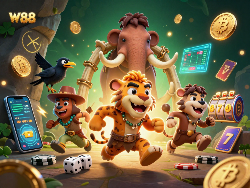 W88 offers captivating slots experience with prehistoric casino characters and dynamic game elements