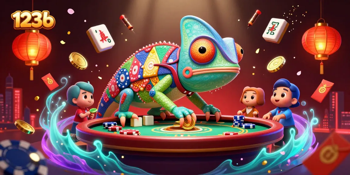 Experience thrilling excitement at 123b with the animated chameleon casino owner amidst golden coins and festive gaming elements.