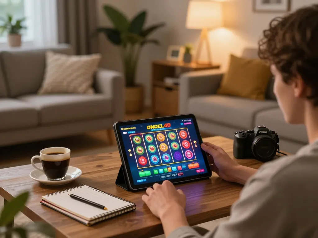 Player engaged in ONDEL4D slot game on tablet, showcasing thrilling online gaming experience.