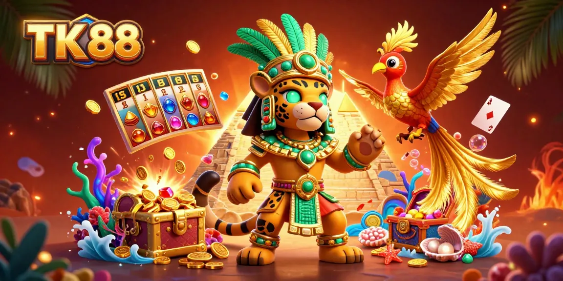 Spin to win at TK 88 with vibrant character-filled 3D illustration showcasing casino games and excitement.