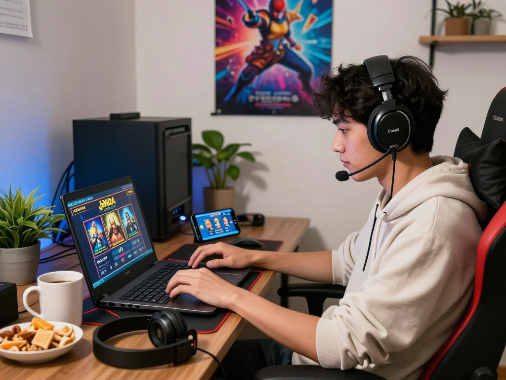 Pengguna yang bermain slot janda di laptop dan ponsel, dikelilingi oleh aksesori game dan suasana yang nyaman.