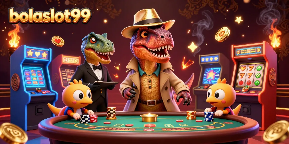 Engage with bolaslot99 at a vibrant casino scene featuring a velociraptor at blackjack.