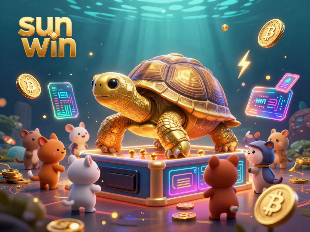 Experience the dynamic gaming world of sun win with a colorful 3D casino scene featuring a golden tortoise pinball machine.