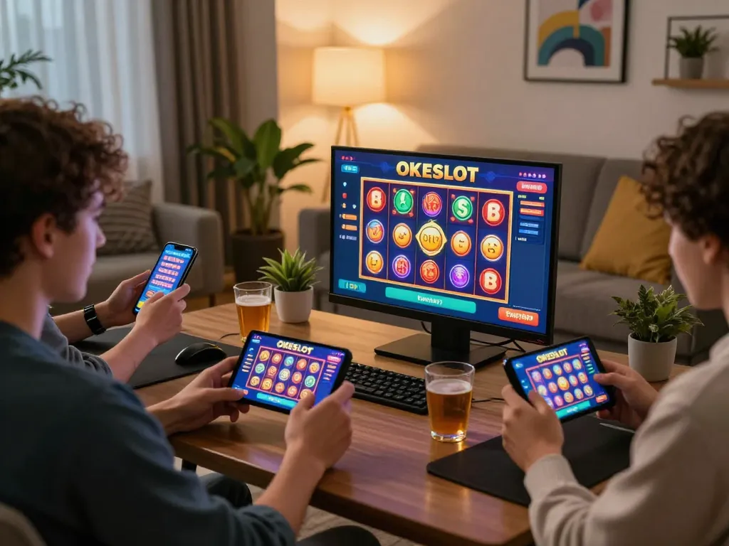 Players engaging on their devices with the OKESLOT app showcasing vibrant slot games and bonuses.