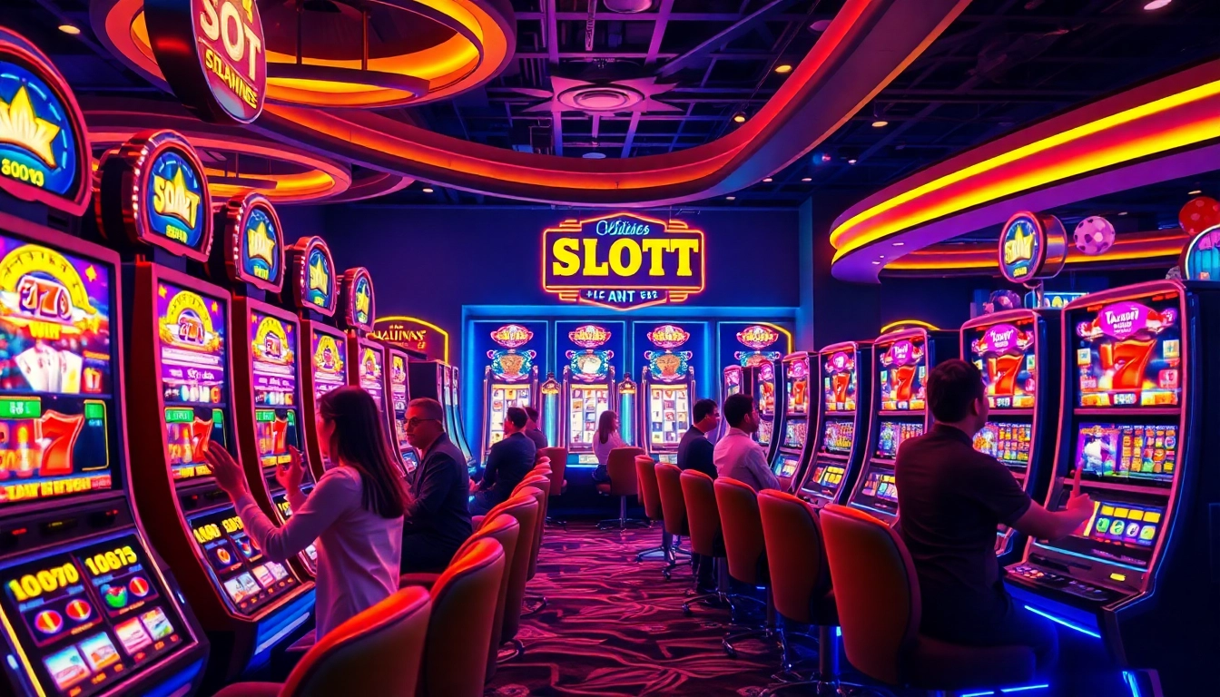 Players engaging with vibrant slot online machines amid a luxurious casino atmosphere, highlighting excitement and potential winnings.