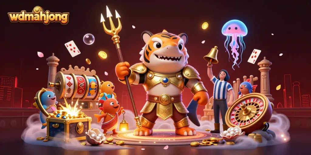 Experience thrilling gameplay with wdmahjong as the tiger shark wields a trident in a vibrant underwater casino scene.