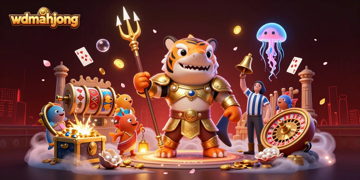 Experience thrilling gameplay with wdmahjong as the tiger shark wields a trident in a vibrant underwater casino scene.