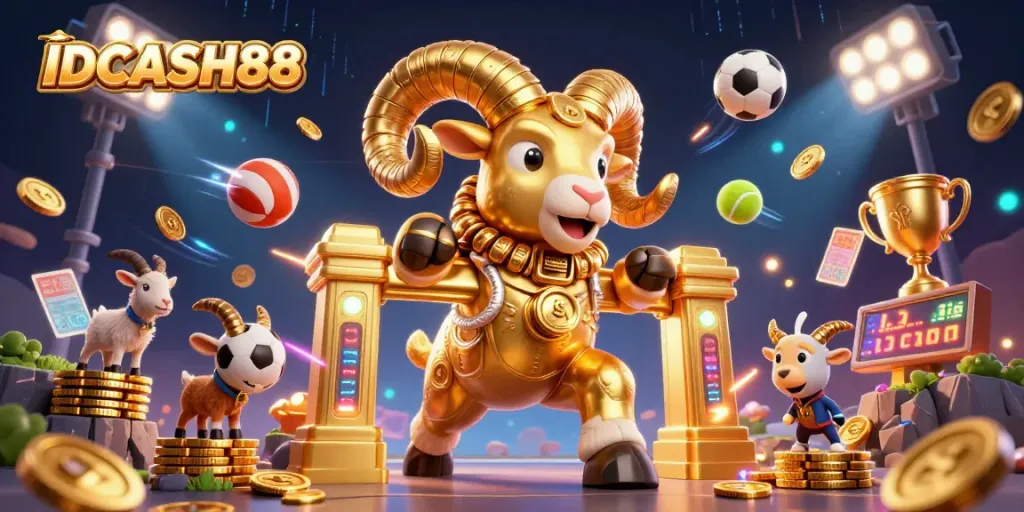 Experience the excitement of IDCASH88 with dynamic sports elements and a vibrant 3D illustration.