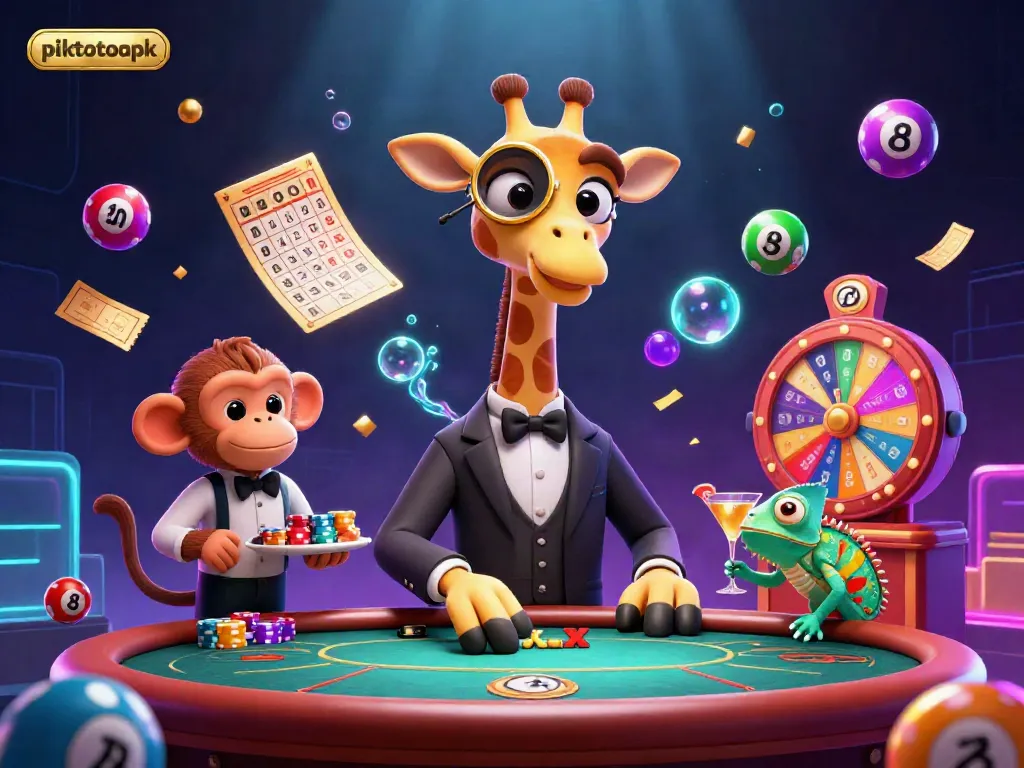 Celebrate winning moments with piktotoapk as a high-roller giraffe showcases excitement at a vibrant casino scene.
