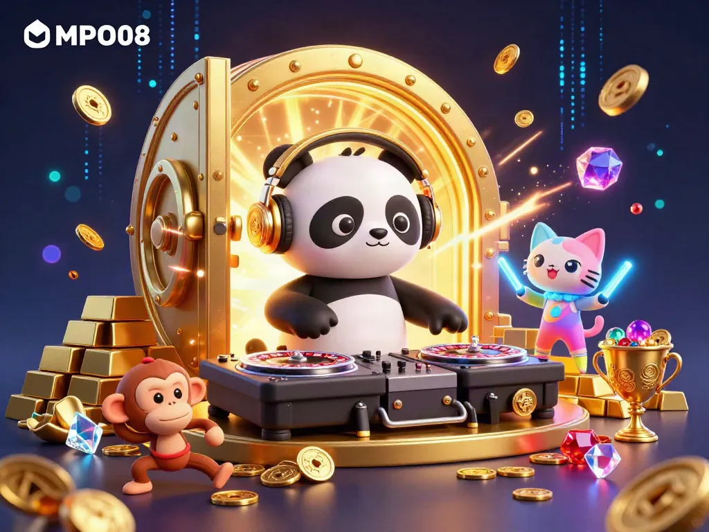 MPO08 showcases a vibrant casino party scene with a DJ panda, breakdancing monkey, and glowing kitten.