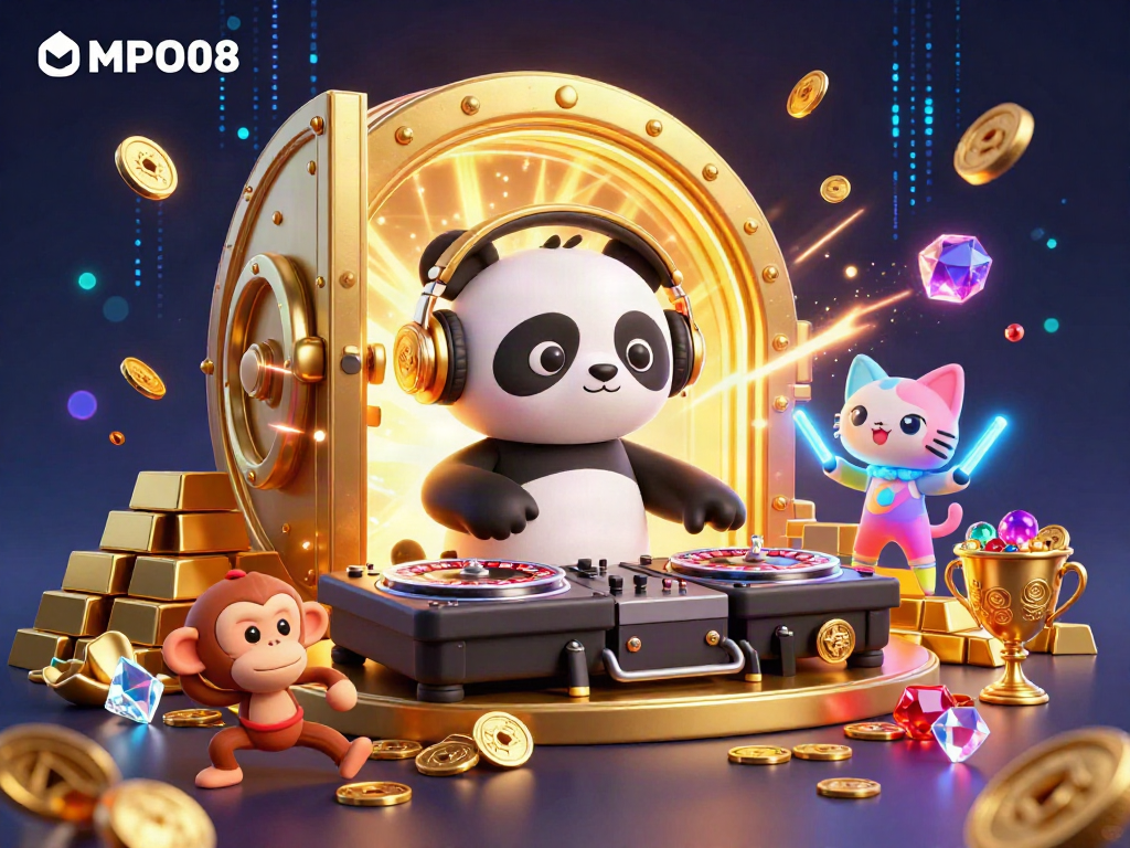 MPO08 showcases a vibrant casino party scene with a DJ panda, breakdancing monkey, and glowing kitten.