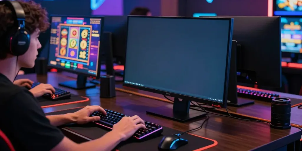 Pengguna memainkan permainan sniperslot di desktop dengan aksesori gaming modern.