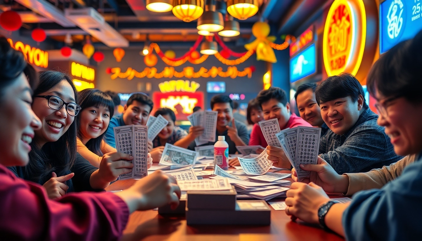 Melihat pemain HK Pools di https://thebjh.com/ dengan tiket undian berwarna-warni dalam suasana ceria dan antusias.