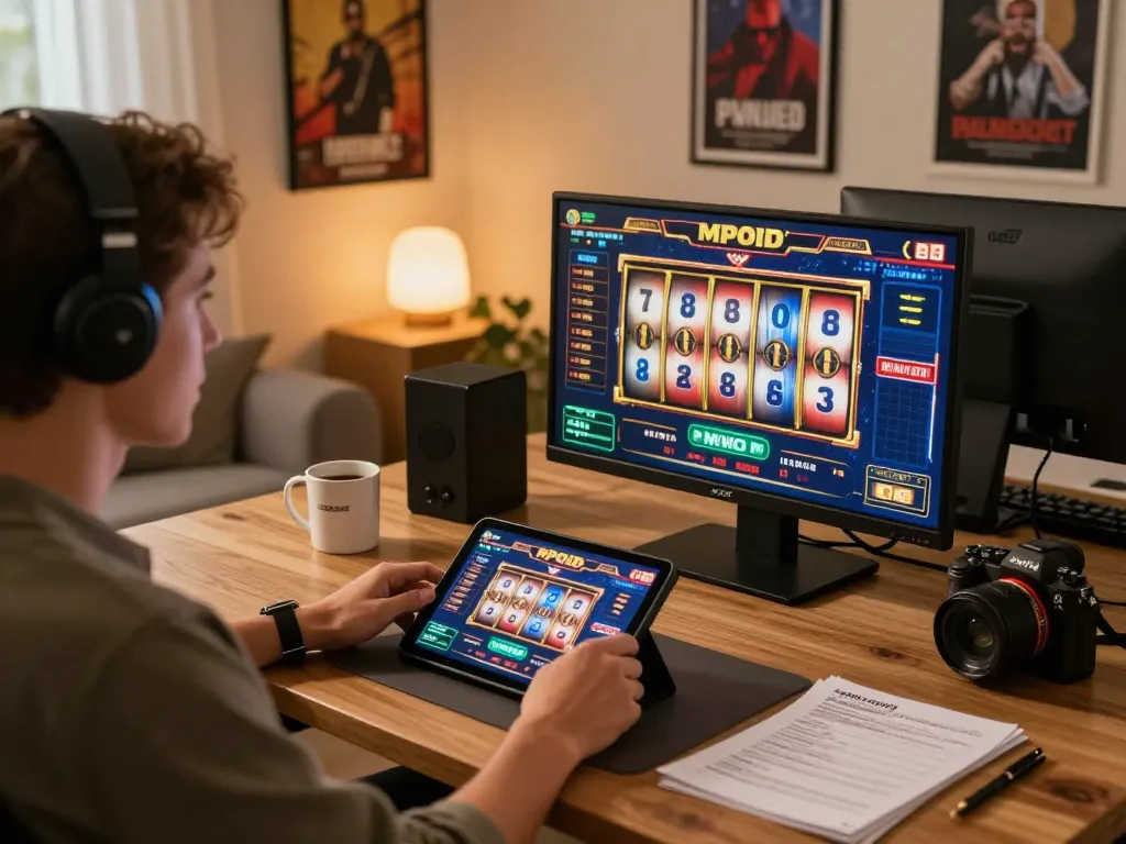 Player enjoying engaging slot games on MPOID's platform in a cozy home setting.