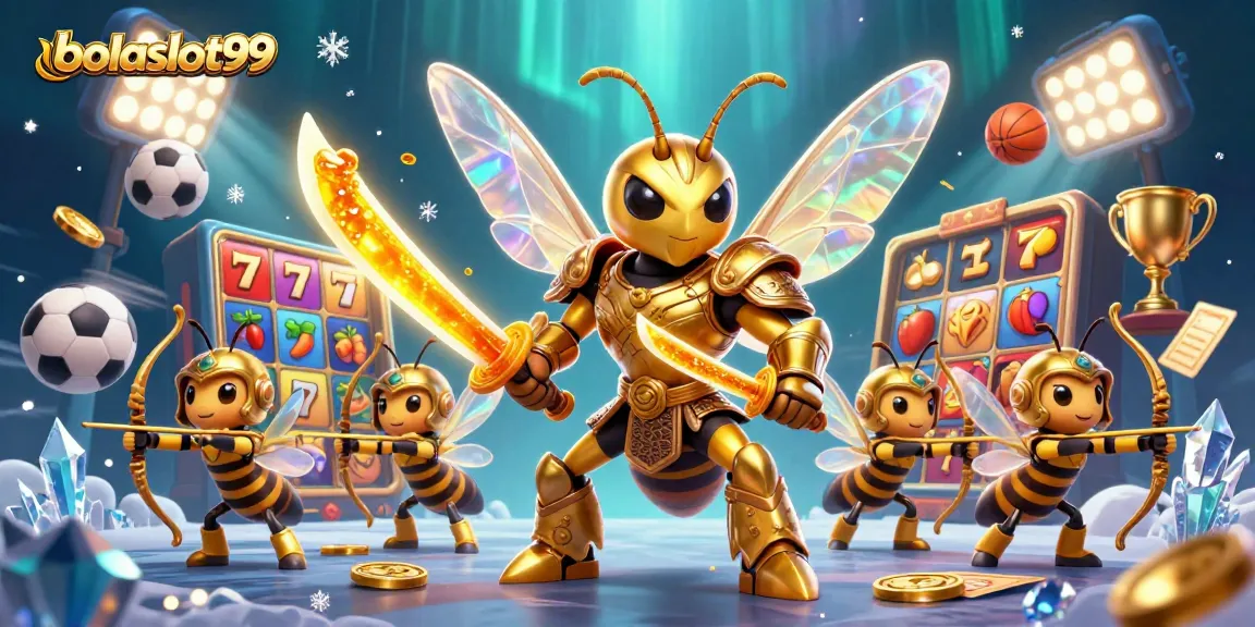 Engage with bolaslot99 in this dynamic scene of a golden hornet and bee archers playing slots.