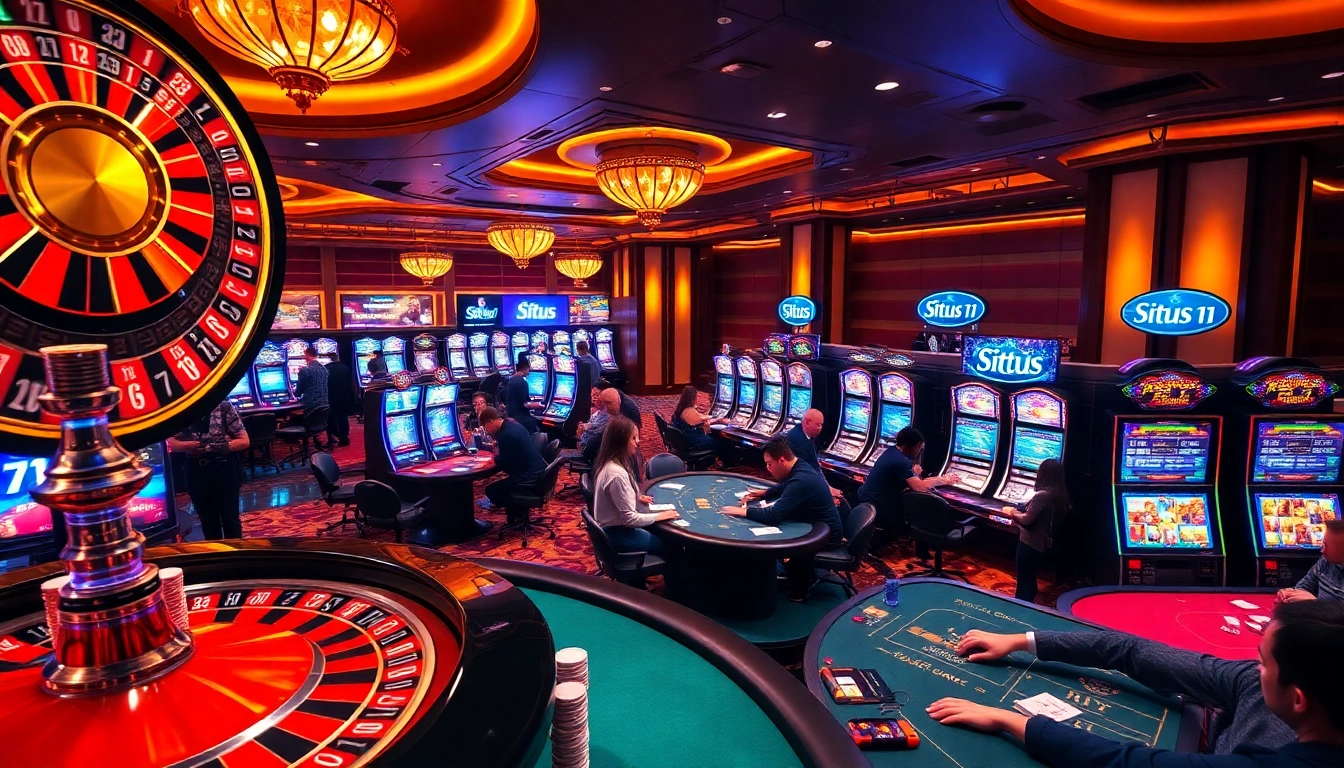 Players engage in vibrant gambling action at Situs 11, with poker chips and a roulette wheel.