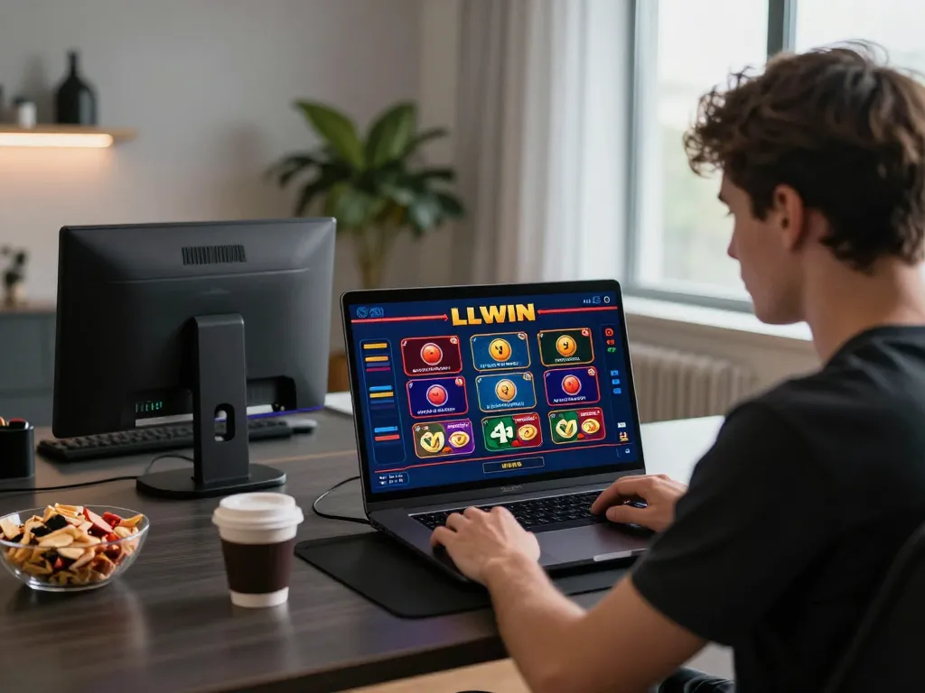 Player engaging in LLWIN online casino gaming on laptop with vibrant graphics in cozy setting