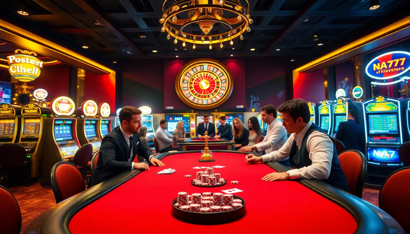 Experience high-stakes poker action at NA777 with vibrant chips and professional dealers.