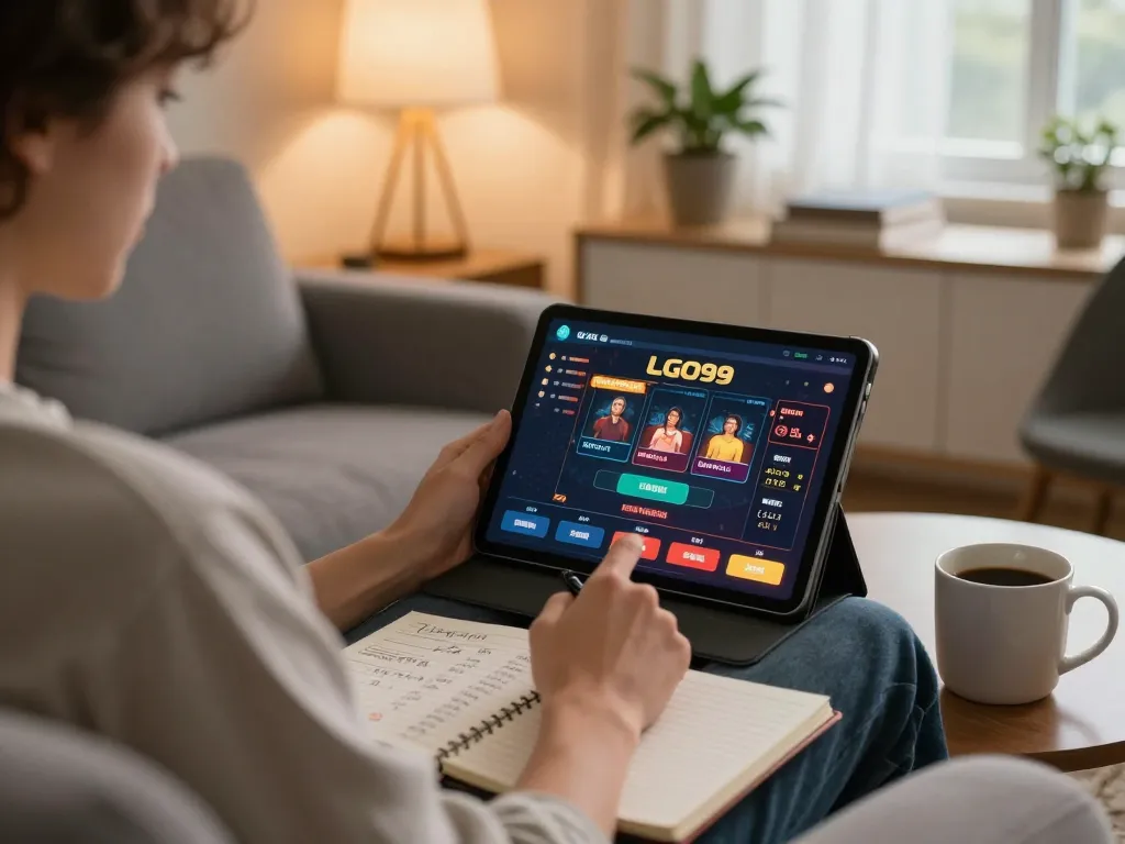 LGO99 user engaging with online casino games on tablet during a cozy home session.