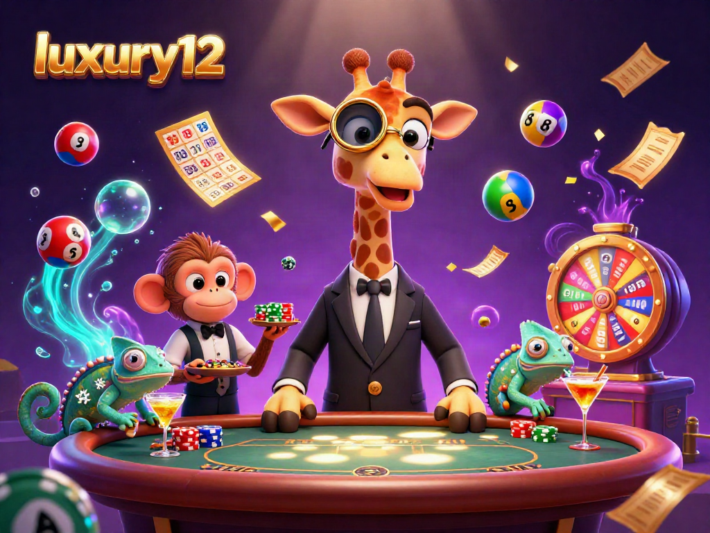 Engage with luxury12 while enjoying a vibrant casino scene featuring a high-roller giraffe, monkey valet, and chameleon bartender.