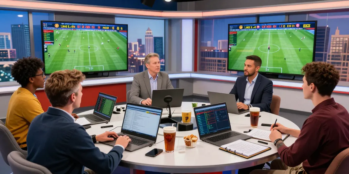 Dynamic sports analysis team at https://soikeonhacai.com.co/ discussing football betting strategies with screens showing live data.