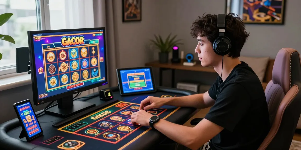 Player enjoying a slot gacor game in a vibrant home office setting.