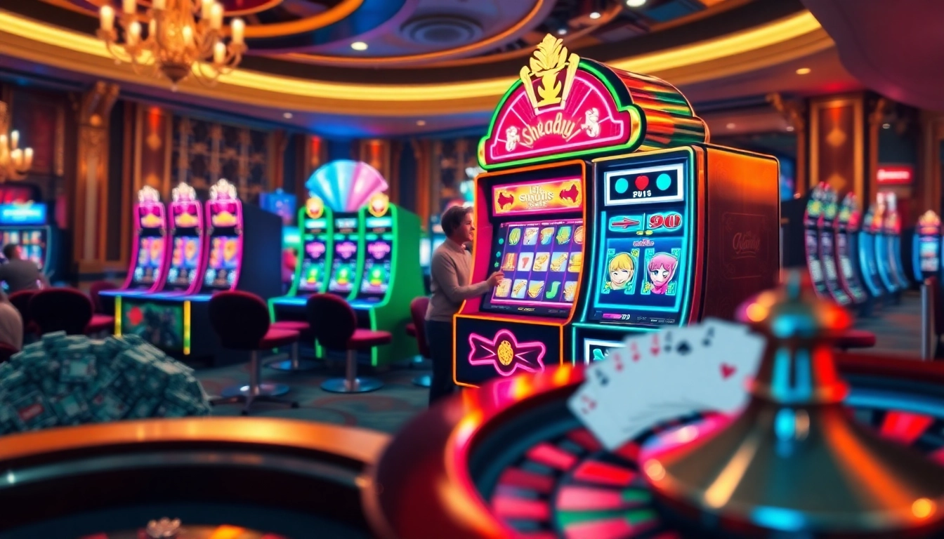 Excited player at an idnslot machine in a luxurious casino setting with vibrant graphics.