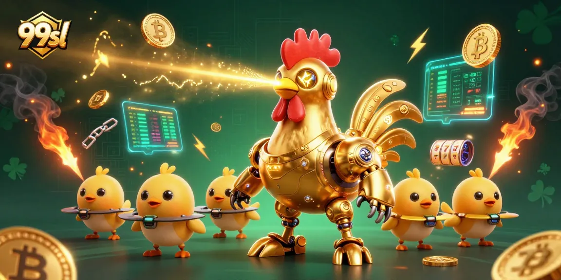 Engage with 99sl's dynamic 3D illustration featuring a retro-futuristic golden rooster robot in a casino-themed scene.