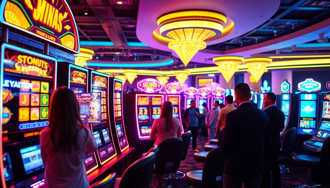 Slot machine yang menarik di kasino dengan lampu cerah dan pemain bahagia.